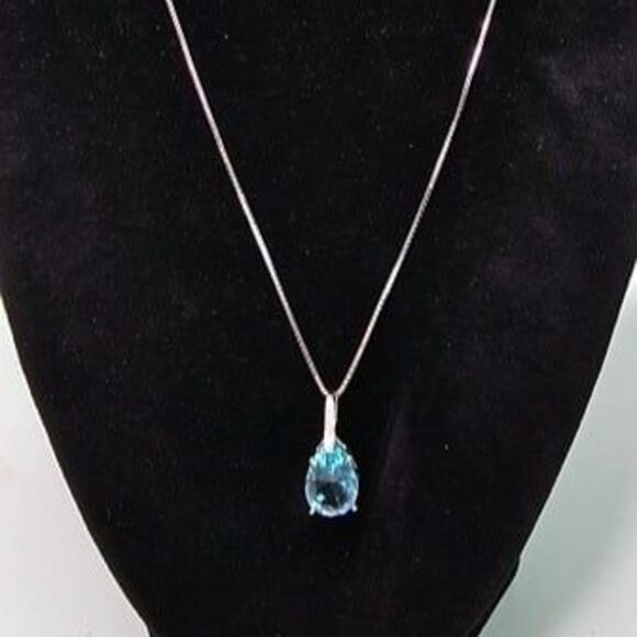 S925 Blue Glass & Pave Rhinestone Teardrop Pendant on 925 Stamped Necklace 18"L - Picture 6 of 7